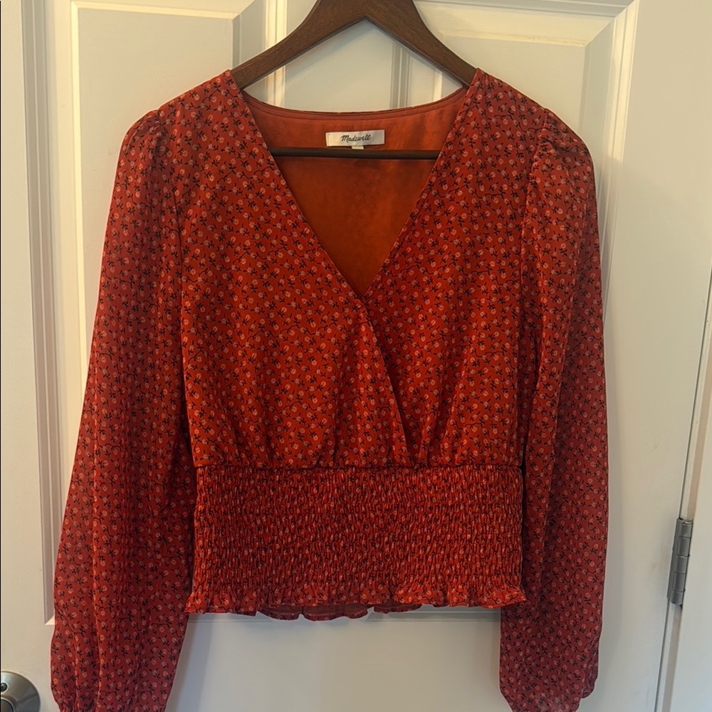 Madewell Red Floral Smocked-Waist Long Sleeve Top